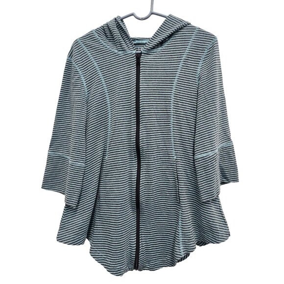 Lur Lagenlook Hoodie Womens Small Teal Navy Striped Full Zip 3/4 Sleeve Casual - Picture 1 of 7